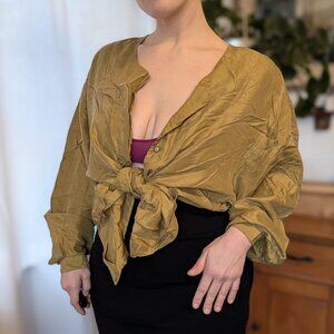 Paul et Duffier - Vintage 100% silk tunic, green-gold button-down - Large